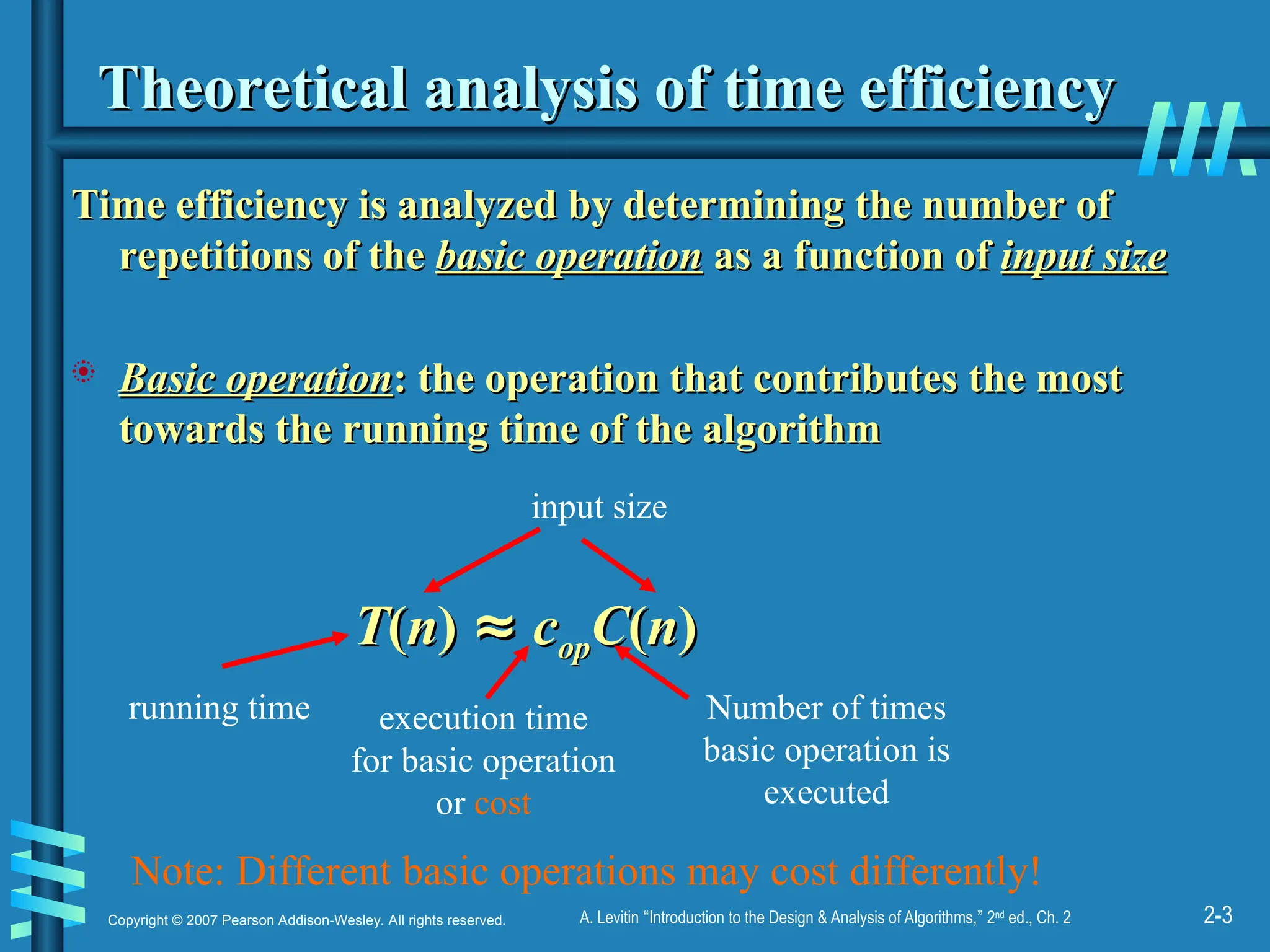 2-3
Copyright © 2007 Pearson Addison-Wesley. All rights reserved. A. Levitin “Introduction to the Design & Analysis of Algorithms,” 2nd
ed., Ch. 2
Theoretical analysis of time efficiency
Theoretical analysis of time efficiency
Time efficiency is analyzed by determining the number of
Time efficiency is analyzed by determining the number of
repetitions of the
repetitions of the basic operation
basic operation as a function of
as a function of input size
input size
 Basic operation
Basic operation: the operation that contributes the most
: the operation that contributes the most
towards the running time of the algorithm
towards the running time of the algorithm
T
T(
(n
n)
) ≈
≈ c
cop
opC
C(
(n
n)
)
running time execution time
for basic operation
or cost
Number of times
basic operation is
executed
input size
Note: Different basic operations may cost differently!
 