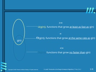 2-18
Copyright © 2007 Pearson Addison-Wesley. All rights reserved. A. Levitin “Introduction to the Design & Analysis of Algorithms,” 2nd
ed., Ch. 2
(g(n)), functions that grow at least as fast as g(n)
(g(n)), functions that grow at the same rate as g(n)
O(g(n)), functions that grow no faster than g(n)
g(n)
>=
<=
=
 