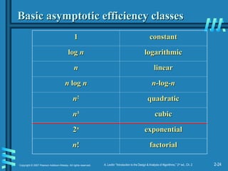 2-24
Copyright © 2007 Pearson Addison-Wesley. All rights reserved. A. Levitin “Introduction to the Design & Analysis of Algorithms,” 2nd
ed., Ch. 2
Basic asymptotic efficiency classes
Basic asymptotic efficiency classes
1
1 constant
constant
log
log n
n logarithmic
logarithmic
n
n linear
linear
n
n log
log n
n n-
n-log
log-n
-n
n
n2
2
quadratic
quadratic
n
n3
3
cubic
cubic
2
2n
n
exponential
exponential
n
n!
! factorial
factorial
 