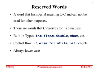CSE 115 Programming Language I ECE@NSU
10
Reserved Words
• A word that has special meaning to C and can not be
used for other purposes.
• These are words that C reserves for its own uses
• Built-in Types: int, float, double, char, etc.
• Control flow: if, else, for, while, return, etc.
• Always lower case
 