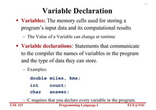 CSE 115 Programming Language I ECE@NSU
17
Variable Declaration
§ Variables: The memory cells used for storing a
program’s input data and its computational results
– The Value of a Variable can change at runtime
§ Variable declarations: Statements that communicate
to the compiler the names of variables in the program
and the type of data they can store.
– Examples:
double miles, kms;
int count;
char answer;
– C requires that you declare every variable in the program.
 