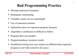 CSE 115 Programming Language I ECE@NSU
34
Bad Programming Practice
§ Missing statement of purpose
§ Inadequate commenting
§ Variables names are not meaningful
§ Use of unnamed constant
§ Indentation does not represent program structure
§ Algorithm is inefficient or difficult to follow
§ Program does not compile
§ Program produces incorrect results
§ Insufficient testing (test case results are different than expected,
program is not fully tested for all cases)
 