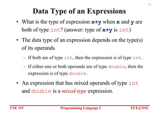 CSE 115 Programming Language I ECE@NSU
38
Data Type of an Expressions
• What is the type of expression x+y when x and y are
both of type int? (answer: type of x+y is int)
• The data type of an expression depends on the type(s)
of its operands
– If both are of type int, then the expression is of type int.
– If either one or both operands are of type double, then the
expression is of type double.
• An expression that has mixed operands of type int
and double is a mixed-type expression.
 
