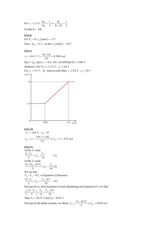 ΔvO 1    R2     1
For vI > 2.5 V ,      = ⇒        =
                   ΔvI 3  R1 + R2 3
So that R1 = 2R2

EX2.8
For Vγ = 0, vO ( max ) = −2 V
Now, ΔvO = 8 V , so that vO ( min ) = −10 V

EX2.9
                  10 − 4.4
vO = 4.4 V , I =           = 0.5895 mA
                     9.5
Set I = ID1, then vI = 4.4 − 0.6 − ( 0.5895 )( 0.5 ) = 3.505 V
Summary: For 0 ≤ vI ≤ 3.5 V , vO = 4.4 V
For vI > 3.5 V , D2 turns on and when vI ≥ 9.4 V , vO = 10 V
␯O(V)


   10




   4.4




    0
                   3.505                    9.4 ␯I (V)


EX2.10
 VO = −0.6 V , I D1 = 0
            −0.6 − ( −10 )
ID2 = I =                    ⇒ I D 2 = I = 4.27 mA
                 2.2

EX2.11
At the VA node:
15 − VA          V
        = ID2 + A            (1)
   5             15
At the VB node:
15 − (VB + 0.7 )          V
                 + I D 2 = B (2)
       5                  10
We see that
VB = VA − 0.7, so Equation (2) becomes
15 − VA          V − 0.7
        + ID2 = A          (2’)
   5               10
Solving for ID2 from Equation (1) and substituting into Equation (2’), we find
 ⎛ 15 − VA ⎞ VA VA − 0.7
2⎜         ⎟−     =
 ⎝ 5 ⎠ 15             10
Then VA = 10.71 V and VB = 10.01 V
                                                 15 − 10.71
Solving for the diode currents, we obtain I D1 =            ⇒ I D1 = 0.858 mA
                                                      5
 