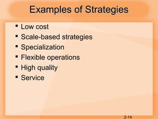 2-14
Examples of StrategiesExamples of Strategies
 Low cost
 Scale-based strategies
 Specialization
 Flexible operations
 High quality
 Service
 
