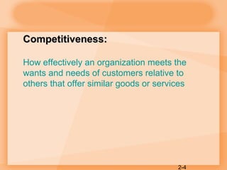 2-4
Competitiveness:Competitiveness:
How effectively an organization meets the
wants and needs of customers relative to
others that offer similar goods or services
 