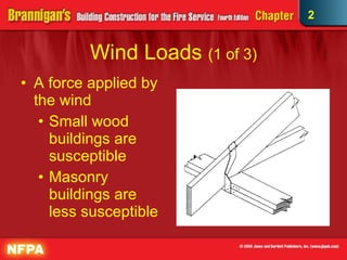 Wind Loads  (1 of 3) A force applied by the wind Small wood buildings are susceptible Masonry buildings are less susceptible 