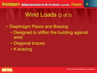 Wind Loads  (2 of 3) Diaphragm Floors and Bracing Designed to stiffen the building against wind Diagonal braces K-bracing 