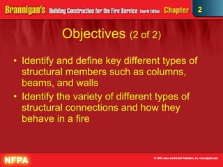 Objectives  (2 of 2) Identify and define key different types of structural members such as columns, beams, and walls Identify the variety of different types of structural connections and how they behave in a fire 