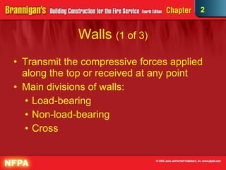 Walls  (1 of 3) Transmit the compressive forces applied along the top or received at any point Main divisions of walls:  Load-bearing Non-load-bearing Cross 