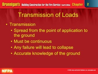Transmission of Loads  Transmission Spread from the point of application to the ground Must be continuous  Any failure will lead to collapse Accurate knowledge of the ground  