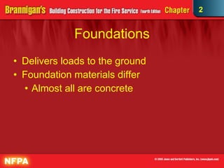 Foundations Delivers loads to the ground Foundation materials differ Almost all are concrete 