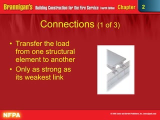 Connections  (1 of 3) Transfer the load from one structural element to another Only as strong as its weakest link 