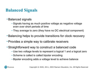 Copyright © 2020, 2011, 2003 Pearson Education, Inc. All Rights Reserved
Balanced Signals
• Balanced signals
– Signals having as much positive voltage as negative voltage
even over short periods of time
– They average to zero (they have no DC electrical component)
• Balancing helps to provide transitions for clock recovery
• Provides a simple way to calibrate receivers
• Straightforward way to construct a balanced code
– Use two voltage levels to represent a logical 1 and a logical zero
– Scheme is called is called bipolar encoding
– Bipolar encoding adds a voltage level to achieve balance
 