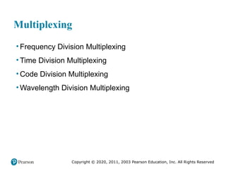 Copyright © 2020, 2011, 2003 Pearson Education, Inc. All Rights Reserved
Multiplexing
• Frequency Division Multiplexing
• Time Division Multiplexing
• Code Division Multiplexing
• Wavelength Division Multiplexing
 