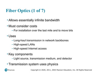Copyright © 2020, 2011, 2003 Pearson Education, Inc. All Rights Reserved
Fiber Optics (1 of 7)
• Allows essentially infinite bandwidth
• Must consider costs
– For installation over the last mile and to move bits
• Uses
– Long-haul transmission in network backbones
– High-speed LANs
– High-speed Internet access
• Key components
– Light source, transmission medium, and detector
• Transmission system uses physics
 