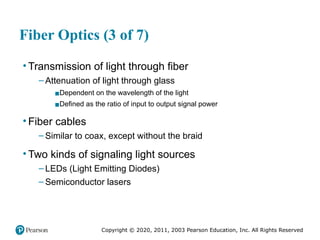 Copyright © 2020, 2011, 2003 Pearson Education, Inc. All Rights Reserved
Fiber Optics (3 of 7)
• Transmission of light through fiber
– Attenuation of light through glass
▪Dependent on the wavelength of the light
▪Defined as the ratio of input to output signal power
• Fiber cables
– Similar to coax, except without the braid
• Two kinds of signaling light sources
– LEDs (Light Emitting Diodes)
– Semiconductor lasers
 