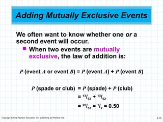 Copyright ©2012 Pearson Education, Inc. publishing as Prentice Hall 2-15
Adding Mutually Exclusive Events
We often want to know whether one or a
second event will occur.
 When two events are mutually
exclusive, the law of addition is:
P (event A or event B) = P (event A) + P (event B)
P (spade or club) = P (spade) + P (club)
= 13
/52 + 13
/52
= 26
/52 = 1
/2 = 0.50
 