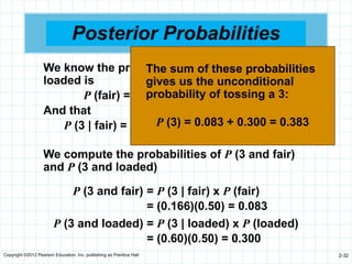 Copyright ©2012 Pearson Education, Inc. publishing as Prentice Hall 2-32
Posterior Probabilities
We know the probability of the die being fair or
loaded is
P (fair) = 0.50 P (loaded) = 0.50
And that
P (3 | fair) = 0.166 P (3 | loaded) = 0.60
We compute the probabilities of P (3 and fair)
and P (3 and loaded)
P (3 and fair) = P (3 | fair) x P (fair)
= (0.166)(0.50) = 0.083
P (3 and loaded) = P (3 | loaded) x P (loaded)
= (0.60)(0.50) = 0.300
The sum of these probabilities
gives us the unconditional
probability of tossing a 3:
P (3) = 0.083 + 0.300 = 0.383
 
