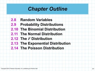 Copyright ©2012 Pearson Education, Inc. publishing as Prentice Hall 2-4
Chapter Outline
2.8 Random Variables
2.9 Probability Distributions
2.10 The Binomial Distribution
2.11 The Normal Distribution
2.12 The F Distribution
2.13 The Exponential Distribution
2.14 The Poisson Distribution
 