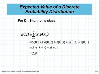 Copyright ©2012 Pearson Education, Inc. publishing as Prentice Hall 2-49
Expected Value of a Discrete
Probability Distribution
   



n
i
i
i X
P
X
X
E
1
9
.
2
1
.
6
.
9
.
8
.
5
.
)
1
.
0
(
1
)
3
.
0
(
2
)
3
.
0
(
3
)
2
.
0
(
4
)
1
.
0
(
5











For Dr. Shannon’s class:
 