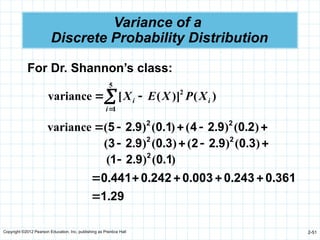 Copyright ©2012 Pearson Education, Inc. publishing as Prentice Hall 2-51
Variance of a
Discrete Probability Distribution
For Dr. Shannon’s class:
)
(
)]
(
[
variance
5
1
2




i
i
i X
P
X
E
X




 )
.
(
)
.
(
)
.
(
)
.
(
variance 2
0
9
2
4
1
0
9
2
5 2
2



 )
.
(
)
.
(
)
.
(
)
.
( 3
0
9
2
2
3
0
9
2
3 2
2
)
.
(
)
.
( 1
0
9
2
1 2

29
1
361
0
243
0
003
0
242
0
441
0
.
.
.
.
.
.






 