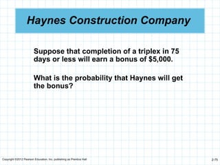 Copyright ©2012 Pearson Education, Inc. publishing as Prentice Hall 2-75
Haynes Construction Company
Suppose that completion of a triplex in 75
days or less will earn a bonus of $5,000.
What is the probability that Haynes will get
the bonus?
 