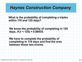 Copyright ©2012 Pearson Education, Inc. publishing as Prentice Hall 2-80
Haynes Construction Company
What is the probability of completing a triplex
within 110 and 125 days?
We know the probability of completing in 125
days, P(X < 125) = 0.89435.
We have to complete the probability of
completing in 110 days and find the area
between those two events.
 
