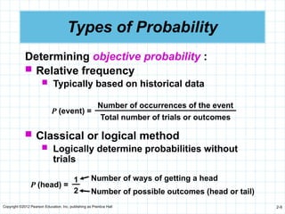 Copyright ©2012 Pearson Education, Inc. publishing as Prentice Hall 2-9
Determining objective probability :
 Relative frequency
 Typically based on historical data
Types of Probability
P (event) =
Number of occurrences of the event
Total number of trials or outcomes
 Classical or logical method
 Logically determine probabilities without
trials
P (head) =
1
2
Number of ways of getting a head
Number of possible outcomes (head or tail)
 