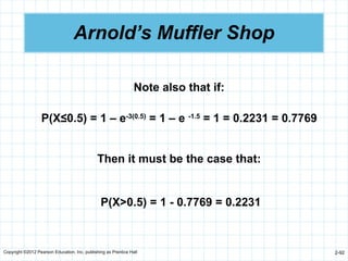 Copyright ©2012 Pearson Education, Inc. publishing as Prentice Hall 2-92
Arnold’s Muffler Shop
P(X≤0.5) = 1 – e-3(0.5)
= 1 – e -1.5
= 1 = 0.2231 = 0.7769
Note also that if:
Then it must be the case that:
P(X>0.5) = 1 - 0.7769 = 0.2231
 