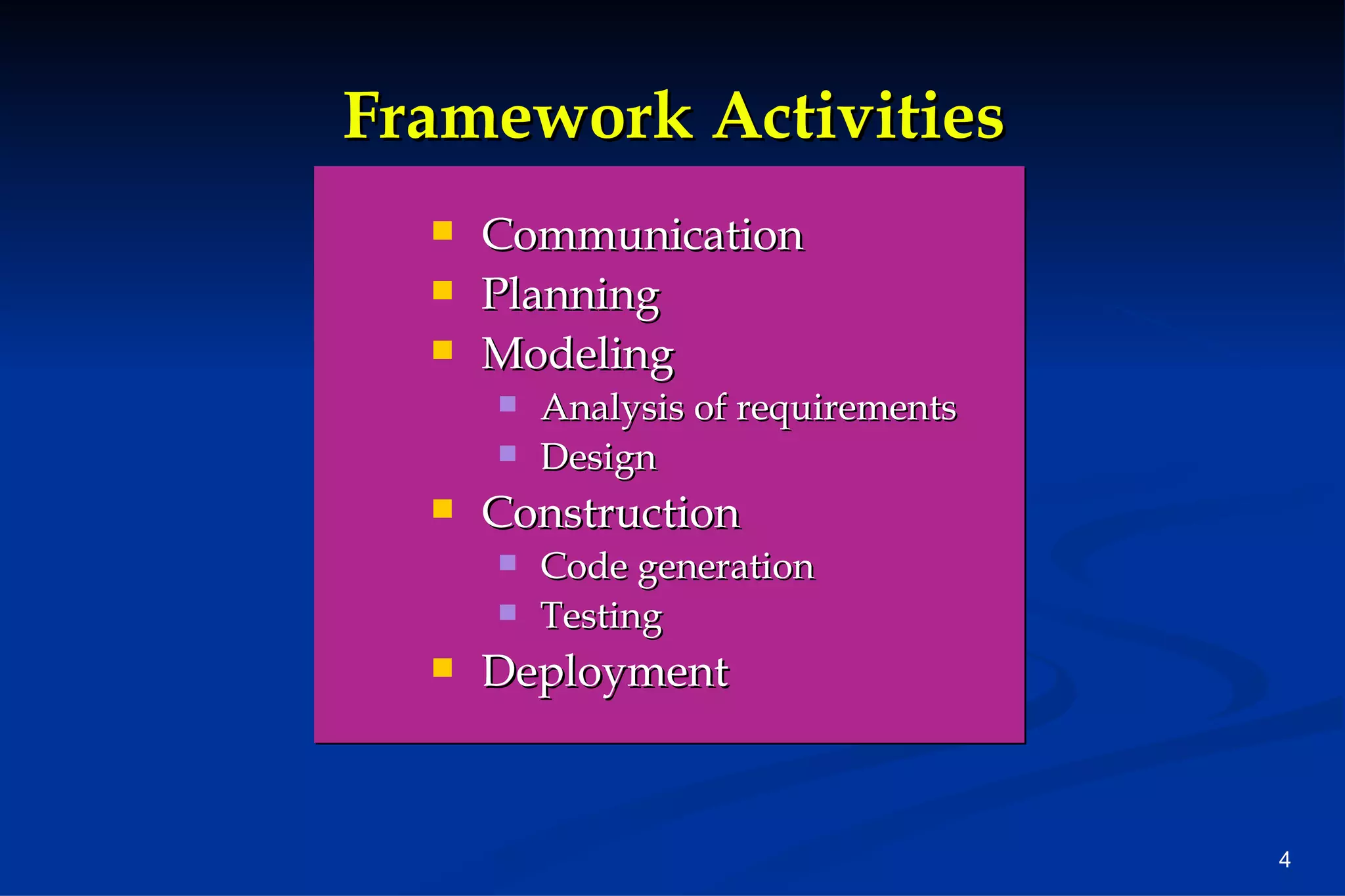 Framework Activities Communication Planning Modeling Analysis of requirements Design Construction Code generation Testing Deployment 