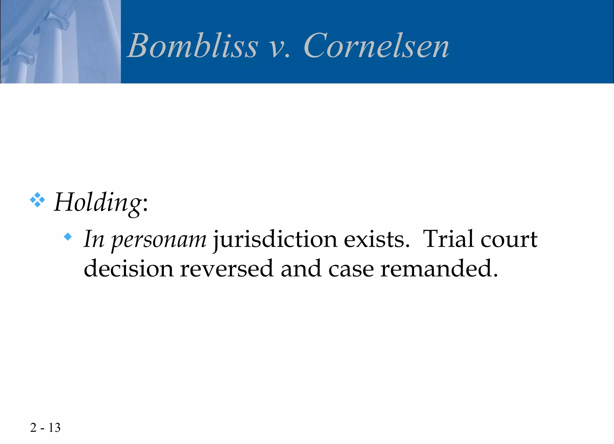Bombliss v. Cornelsen



   Holding:
            In personam jurisdiction exists. Trial court
             decision reversed and case remanded.




2 - 13
 