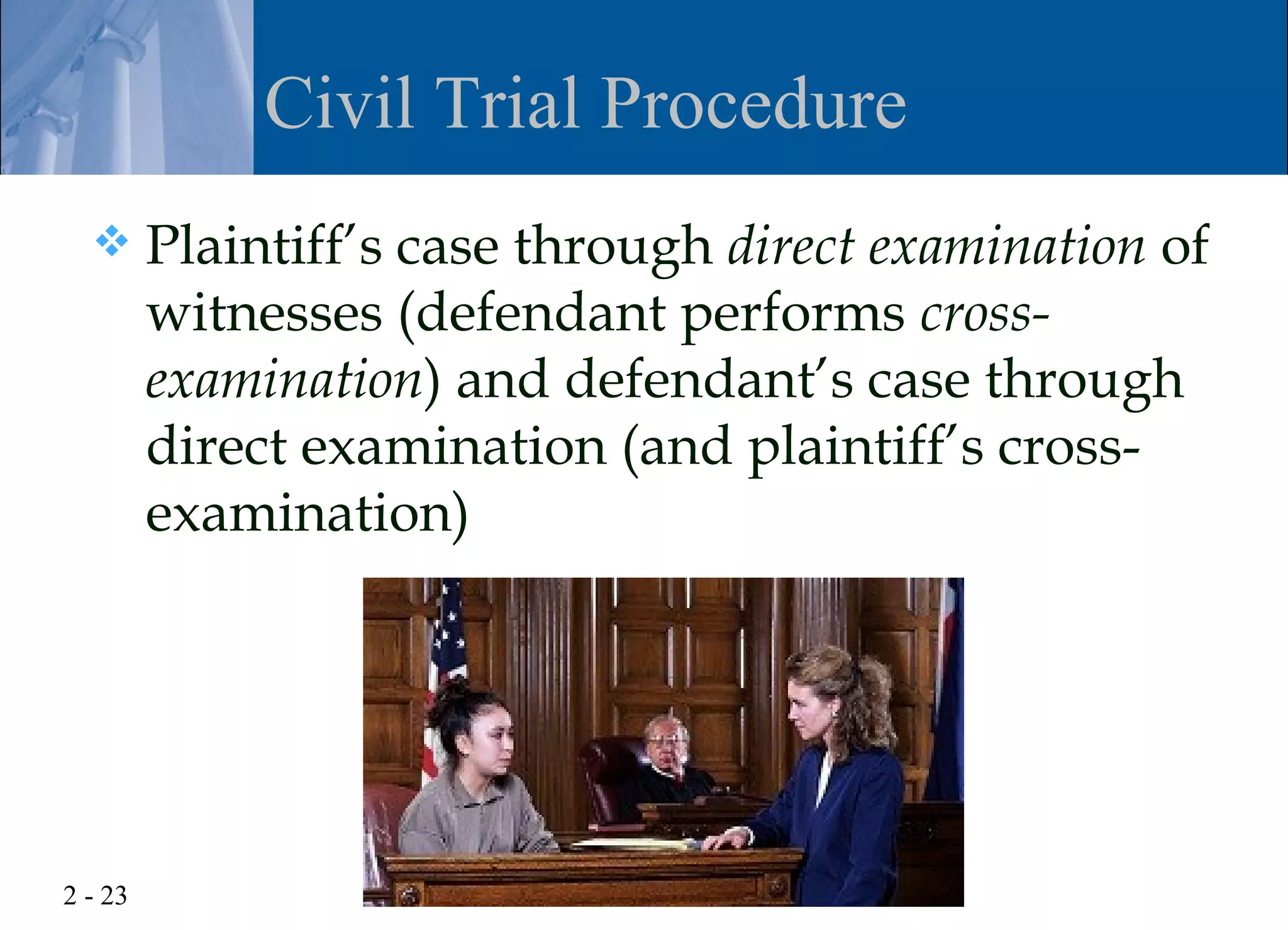 Civil Trial Procedure
        Plaintiff’s case through direct examination of
         witnesses (defendant performs cross-
         examination) and defendant’s case through
         direct examination (and plaintiff’s cross-
         examination)




2 - 23
 