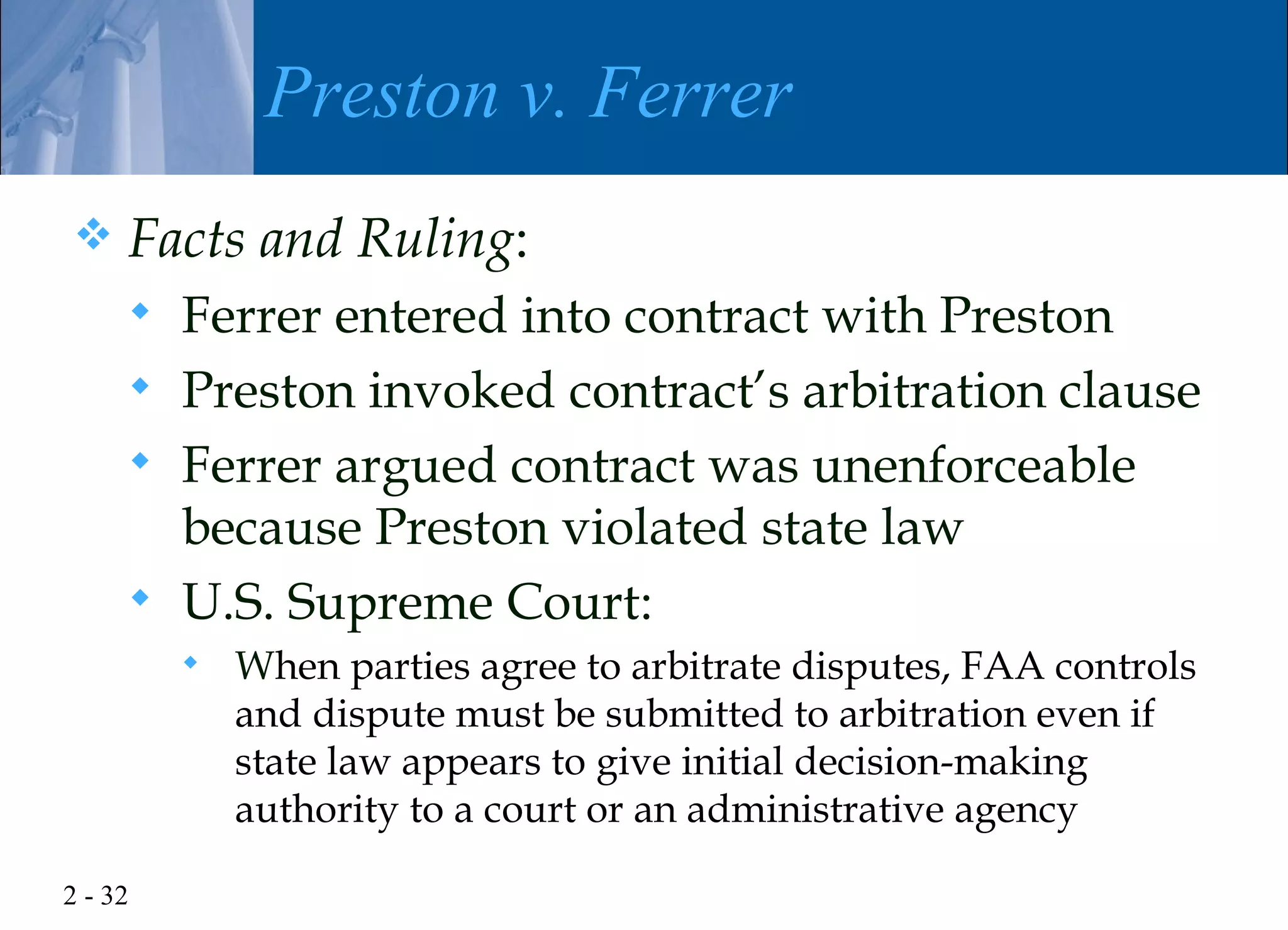 Preston v. Ferrer
    Facts and Ruling:
      Ferrer entered into contract with Preston
      Preston invoked contract’s arbitration clause
      Ferrer argued contract was unenforceable
       because Preston violated state law
      U.S. Supreme Court:
            When parties agree to arbitrate disputes, FAA controls
             and dispute must be submitted to arbitration even if
             state law appears to give initial decision-making
             authority to a court or an administrative agency

2 - 32
 