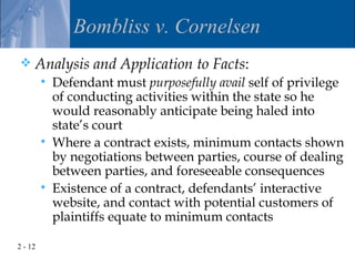 Bombliss v. Cornelsen
    Analysis and Application to Facts:
            Defendant must purposefully avail self of privilege
             of conducting activities within the state so he
             would reasonably anticipate being haled into
             state’s court
            Where a contract exists, minimum contacts shown
             by negotiations between parties, course of dealing
             between parties, and foreseeable consequences
            Existence of a contract, defendants’ interactive
             website, and contact with potential customers of
             plaintiffs equate to minimum contacts

2 - 12
 