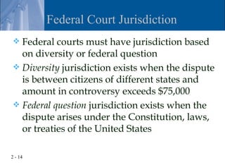 Federal Court Jurisdiction
 Federal courts must have jurisdiction based
  on diversity or federal question
 Diversity jurisdiction exists when the dispute
  is between citizens of different states and
  amount in controversy exceeds $75,000
 Federal question jurisdiction exists when the
  dispute arises under the Constitution, laws,
  or treaties of the United States

2 - 14
 
