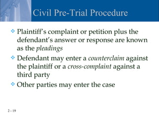 Civil Pre-Trial Procedure
  Plaintiff’s complaint or petition plus the
   defendant’s answer or response are known
   as the pleadings
  Defendant may enter a counterclaim against
   the plaintiff or a cross-complaint against a
   third party
  Other parties may enter the case



2 - 19
 