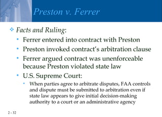 Preston v. Ferrer
    Facts and Ruling:
      Ferrer entered into contract with Preston
      Preston invoked contract’s arbitration clause
      Ferrer argued contract was unenforceable
       because Preston violated state law
      U.S. Supreme Court:
            When parties agree to arbitrate disputes, FAA controls
             and dispute must be submitted to arbitration even if
             state law appears to give initial decision-making
             authority to a court or an administrative agency

2 - 32
 
