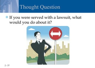 Thought Question
    If you were served with a lawsuit, what
     would you do about it?




2 - 37
 