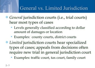 General vs. Limited Jurisdiction
   General jurisdiction courts (i.e., trial courts)
    hear most types of cases
         Levels generally classified according to dollar
          amount of damages or location
         Examples: county courts, district courts
   Limited jurisdiction courts hear specialized
    types of cases; appeals from decisions often
    require new trial in general jurisdiction court
         Examples: traffic court, tax court, family court

2-7
 