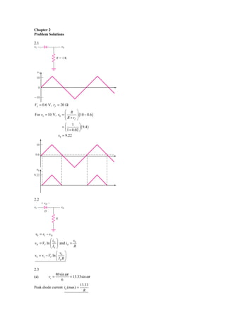 Chapter 2
Problem Solutions

2.1
␯I                         ␯0


                       Rϭ1K



     ␯I
     10


      0


Ϫ10

Vγ = 0.6 V, rf = 20 Ω
                    ⎛ R ⎞
                    ⎜ R + r ⎟(
For vI = 10 V, v0 = ⎜            10 − 0.6 )
                              ⎟
                    ⎝       f ⎠

                    ⎛ 1 ⎞
                  =⎜            ⎟ ( 9.4 )
                    ⎝ 1 + 0.02 ⎠
               v0 = 9.22

     10


 0.6



     ␯0
9.22




2.2
          ϩ ␯D Ϫ
␯I                         ␯0
            D

                       R




 v0 = vI − vD
           ⎛i ⎞          v
vD = VT ln ⎜ D ⎟ and iD = 0
           ⎝ IS ⎠         R
                ⎛ v ⎞
v0 = vI − VT ln ⎜ 0 ⎟
                ⎝ IS R ⎠

2.3
             80sin ω t
(a)             vs =    = 13.33sin ω t
                 6
                              13.33
Peak diode current id (max) =
                                R
 