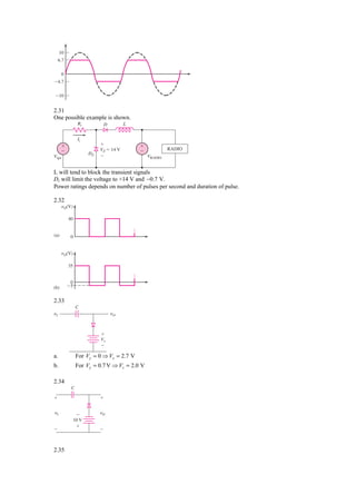 10
     6.7

       0
Ϫ4.7

Ϫ10


2.31
One possible example is shown.
                  Ri         D          L


                 Ii
      ϩ                     ϩ               ϩ
      Ϫ                     VZ ϭ 14 V       Ϫ            RADIO
                       DZ   Ϫ
Vign                                            VRADIO


L will tend to block the transient signals
Dz will limit the voltage to +14 V and −0.7 V.
Power ratings depends on number of pulses per second and duration of pulse.

2.32
       ␯O(V)

           40


(a)         0


       ␯O(V)

           35


            0
(b)        Ϫ5


2.33
                 C
␯I                               ␯O



                            ϩ
                            Vx
                            Ϫ

a.               For Vγ = 0 ⇒ Vx = 2.7 V
b.               For Vγ = 0.7 V ⇒ Vx = 2.0 V

2.34
            C

ϩ                           ϩ


␯I               Ϫ          ␯O
                10 V
                 ϩ
Ϫ                           Ϫ



2.35
 