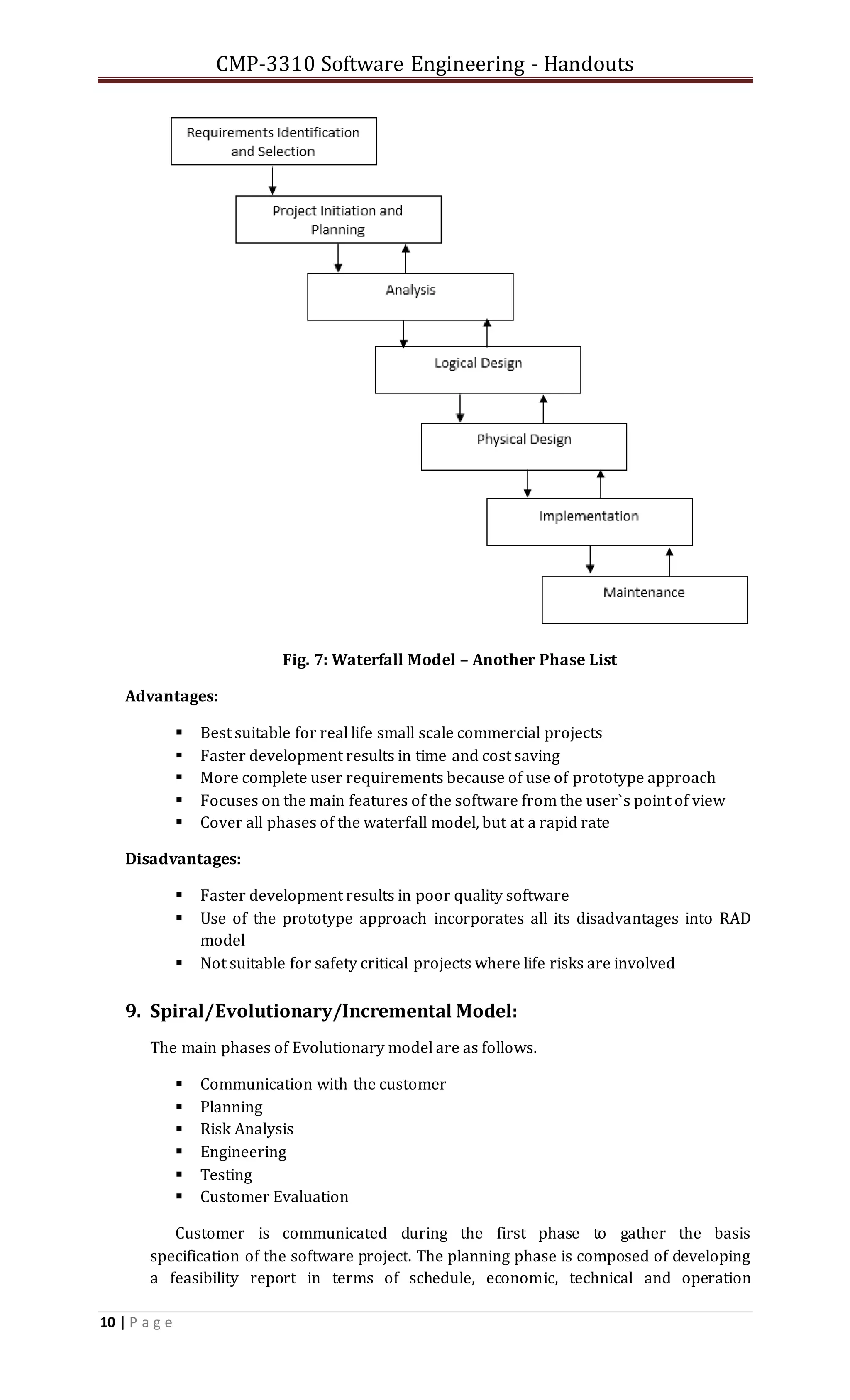CMP-3310 Software Engineering - Handouts
10 | P a g e
Fig. 7: Waterfall Model – Another Phase List
Advantages:
 Best suitable for real life small scale commercial projects
 Faster development results in time and cost saving
 More complete user requirements because of use of prototype approach
 Focuses on the main features of the software from the user`s point of view
 Cover all phases of the waterfall model, but at a rapid rate
Disadvantages:
 Faster development results in poor quality software
 Use of the prototype approach incorporates all its disadvantages into RAD
model
 Not suitable for safety critical projects where life risks are involved
9. Spiral/Evolutionary/Incremental Model:
The main phases of Evolutionary model are as follows.
 Communication with the customer
 Planning
 Risk Analysis
 Engineering
 Testing
 Customer Evaluation
Customer is communicated during the first phase to gather the basis
specification of the software project. The planning phase is composed of developing
a feasibility report in terms of schedule, economic, technical and operation
 