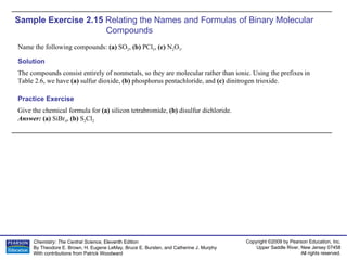 Sample Exercise 2.15  Relating the Names and Formulas of Binary Molecular Compounds Name the following compounds:  (a)  SO 2 ,  (b)  PCl 5 ,  (c)  N 2 O 3 . Give the chemical formula for  (a)  silicon tetrabromide,  (b)  disulfur dichloride. Answer:  (a)  SiBr 4 ,  (b)  S 2 Cl 2 Practice Exercise Solution The compounds consist entirely of nonmetals, so they are molecular rather than ionic. Using the prefixes in Table 2.6, we have  (a)  sulfur dioxide,  (b)  phosphorus pentachloride, and  (c)  dinitrogen trioxide. 