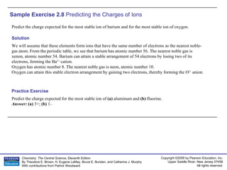 Sample Exercise 2.8  Predicting the Charges of Ions Predict the charge expected for the most stable ion of barium and for the most stable ion of oxygen. Predict the charge expected for the most stable ion of  (a)  aluminum and  (b)  fluorine. Answer:  (a)  3+;  (b)  1– Practice Exercise Solution We will assume that these elements form ions that have the same number of electrons as the nearest noble-gas atom. From the periodic table, we see that barium has atomic number 56. The nearest noble gas is xenon, atomic number 54. Barium can attain a stable arrangement of 54 electrons by losing two of its electrons, forming the Ba 2+  cation. Oxygen has atomic number 8. The nearest noble gas is neon, atomic number 10. Oxygen can attain this stable electron arrangement by gaining two electrons, thereby forming the O 2–  anion. 