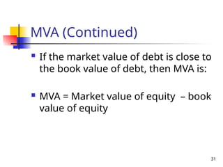 31
MVA (Continued)
 If the market value of debt is close to
the book value of debt, then MVA is:
 MVA = Market value of equity – book
value of equity
 