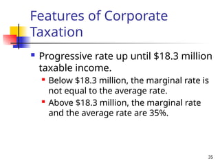 35
Features of Corporate
Taxation
 Progressive rate up until $18.3 million
taxable income.
 Below $18.3 million, the marginal rate is
not equal to the average rate.
 Above $18.3 million, the marginal rate
and the average rate are 35%.
 