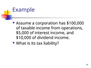 37
Example
 Assume a corporation has $100,000
of taxable income from operations,
$5,000 of interest income, and
$10,000 of dividend income.
 What is its tax liability?
 