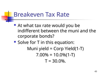 43
Breakeven Tax Rate
 At what tax rate would you be
indifferent between the muni and the
corporate bonds?
 Solve for T in this equation:
Muni yield = Corp Yield(1-T)
7.00% = 10.0%(1-T)
T = 30.0%.
 
