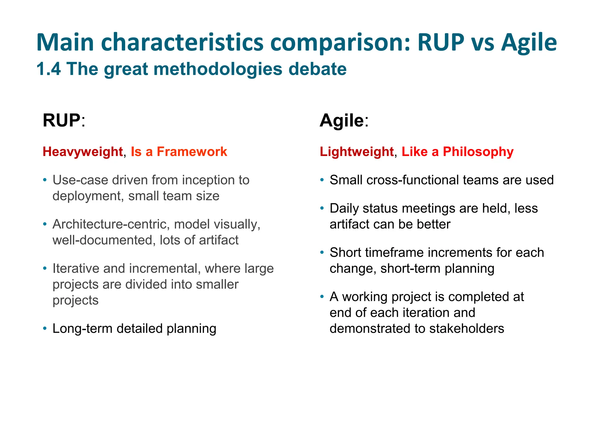 RUP:
Heavyweight, Is a Framework
• Use-case driven from inception to
deployment, small team size
• Architecture-centric, model visually,
well-documented, lots of artifact
• Iterative and incremental, where large
projects are divided into smaller
projects
• Long-term detailed planning
Agile:
Lightweight, Like a Philosophy
• Small cross-functional teams are used
• Daily status meetings are held, less
artifact can be better
• Short timeframe increments for each
change, short-term planning
• A working project is completed at
end of each iteration and
demonstrated to stakeholders
Main characteristics comparison: RUP vs Agile
1.4 The great methodologies debate
 
